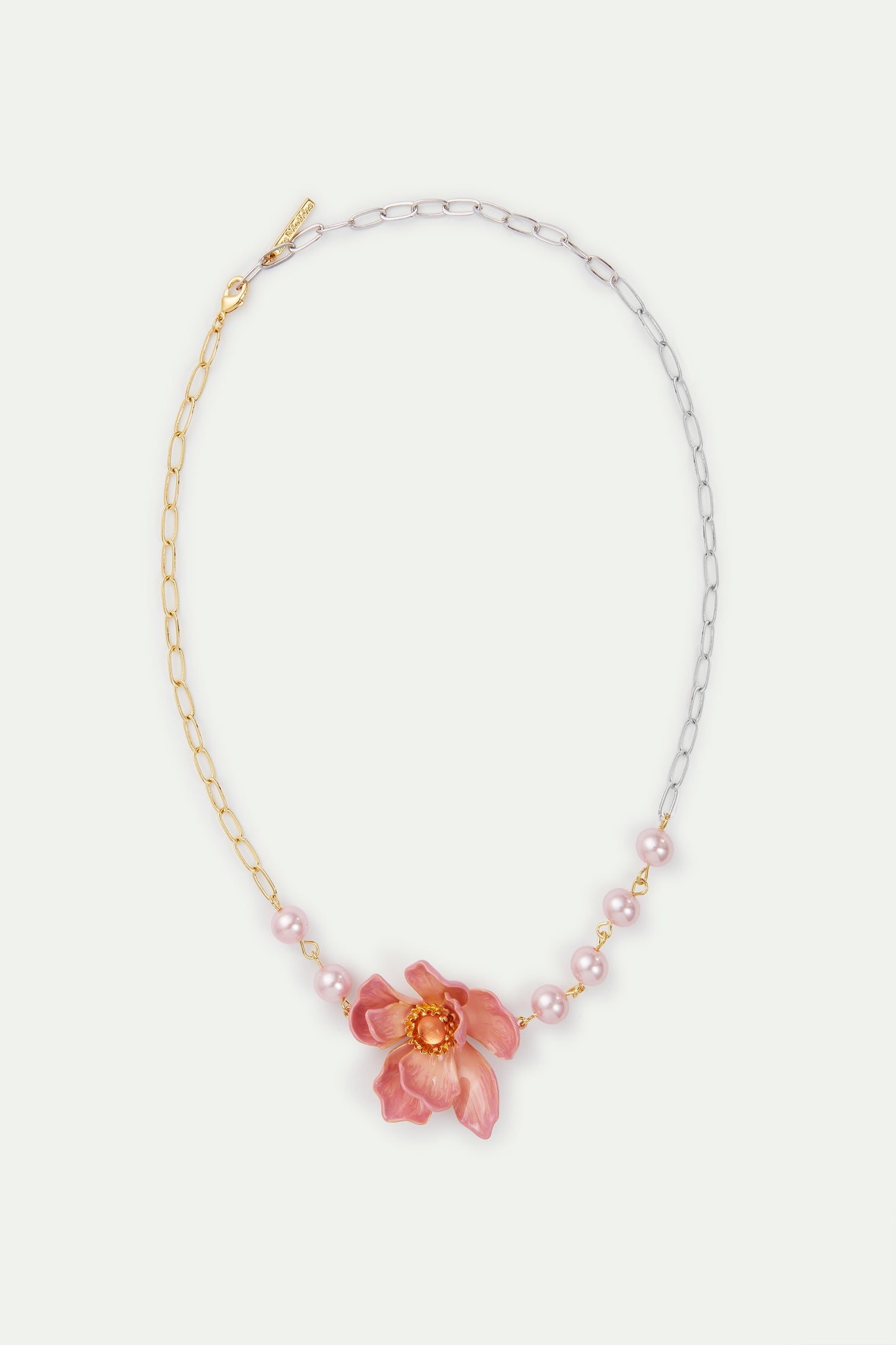 Two-Tone Chain, Large Pink Magnolia Flower And Artificial Pearl Necklace