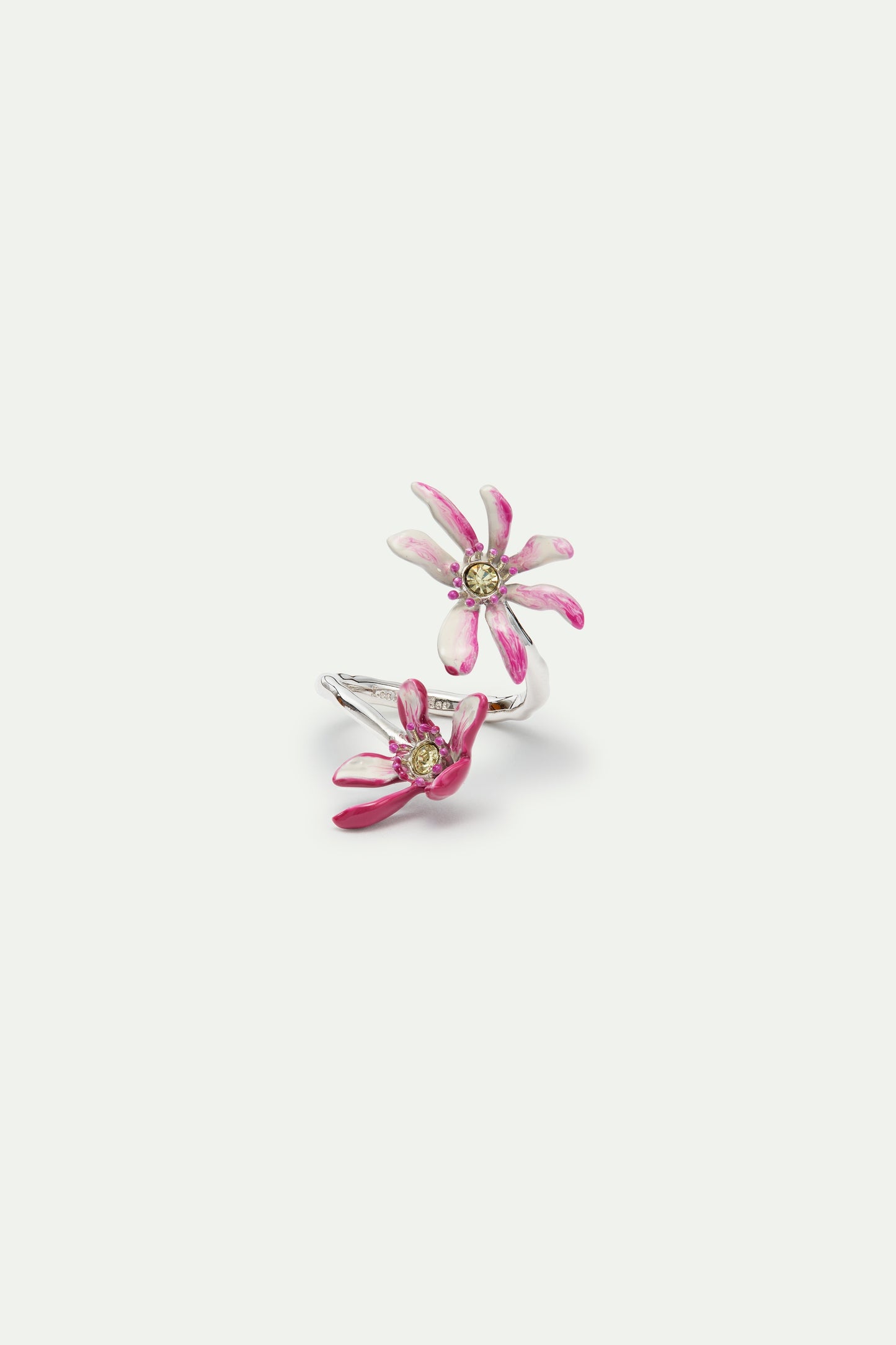 Adjustable Silver Ring With Pink Magnolia Flowers And Crystals