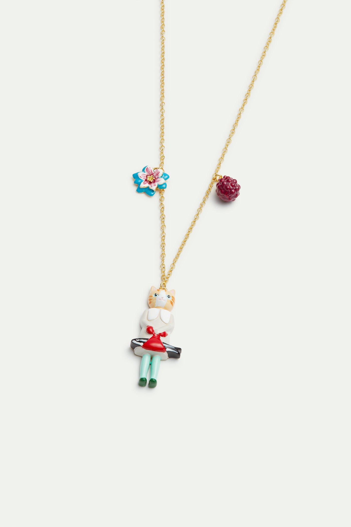 Ginger Cat And Fish, Blue Flower And Raspberry Pendant Necklace | AVHP3051