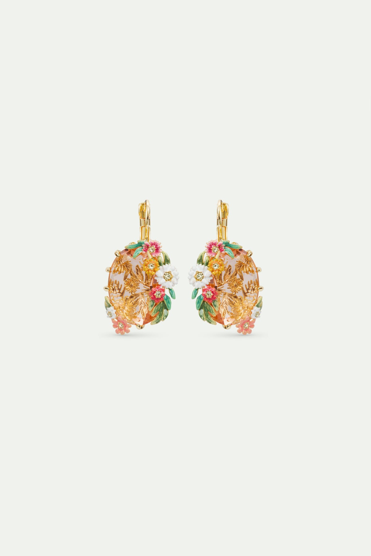 Sleeper Earrings With An Oval Pink Faceted Stone, Zinnias And Daisies | AVJC1071