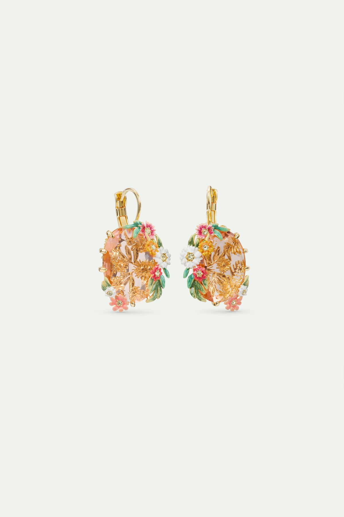 Sleeper Earrings With An Oval Pink Faceted Stone, Zinnias And Daisies | AVJC1071