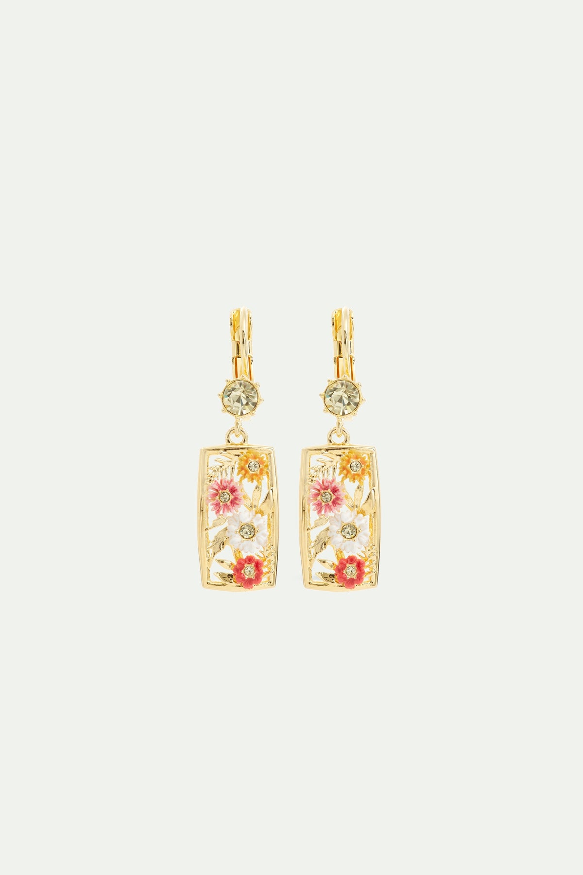 Gold-Plated Openwork Sleeper Earrings With Zinnias And Faceted Yellow Crystal | AVJC1091