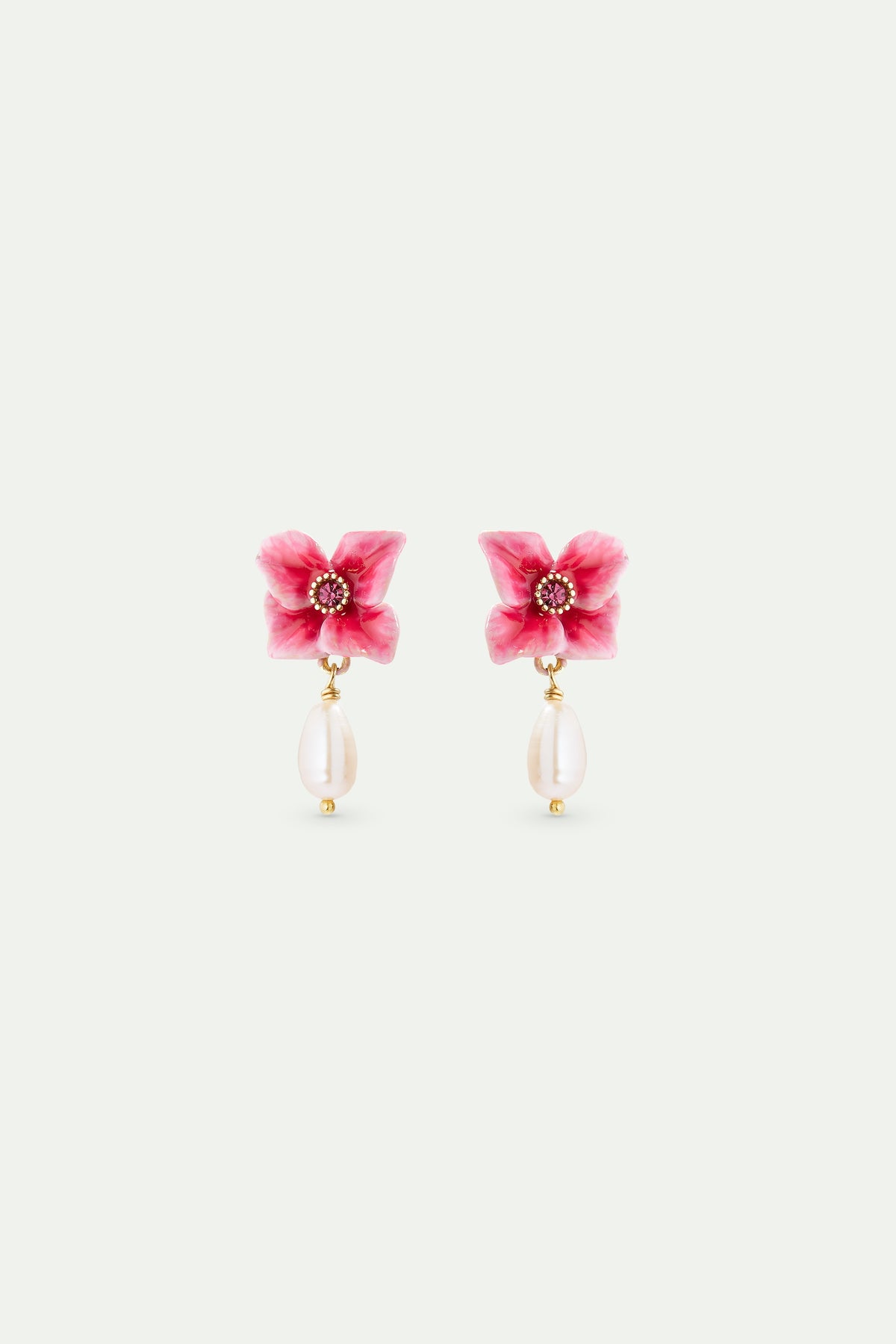 Pink Hydrangea Flower And Cultured Pearl Earrings | AVJH1011