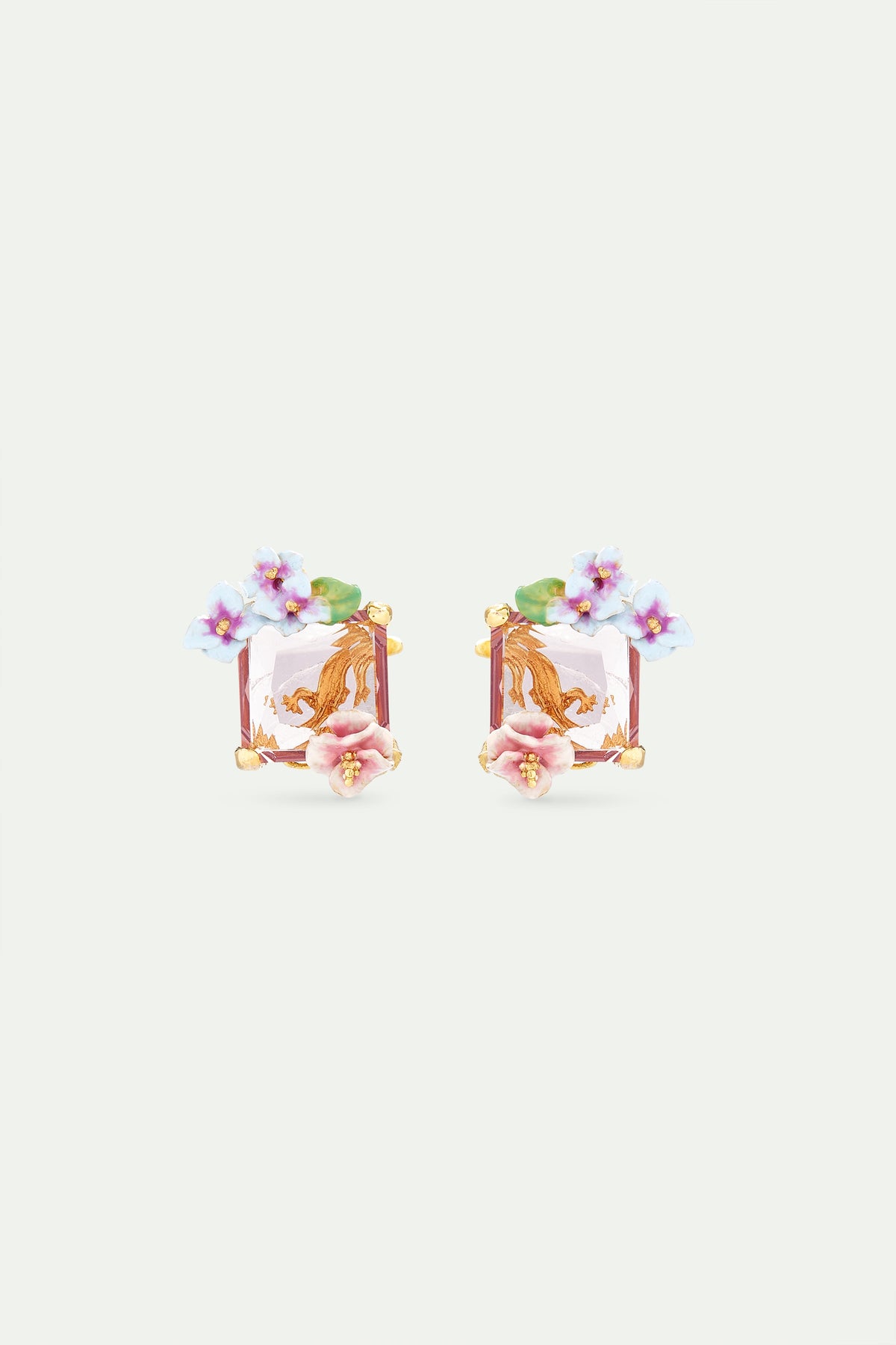 Lizard Earrings With Pink Cut Stone And Hydrangea Flowers | AVJH1061