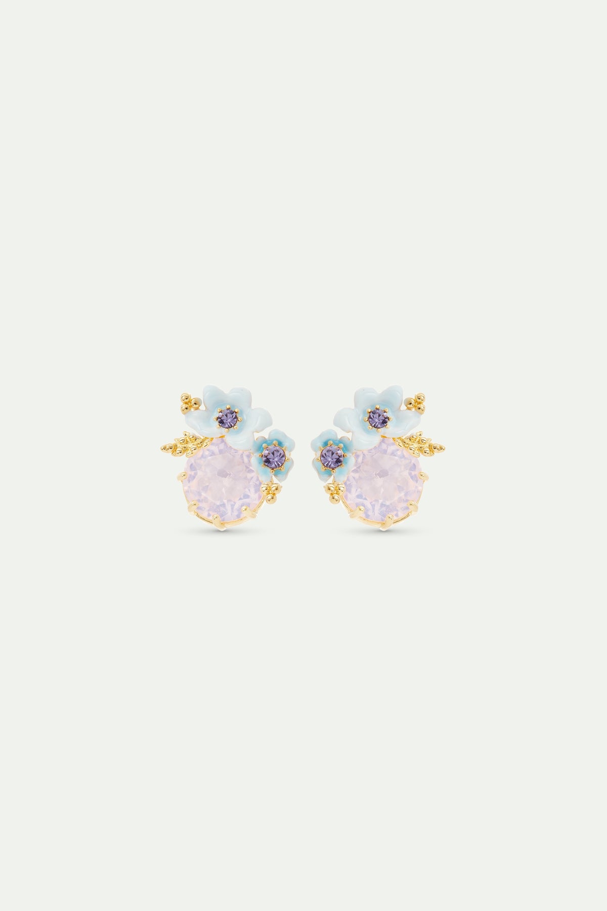 Round Purple Stone And Blue Flowers Wedding Earrings | AVJV1041
