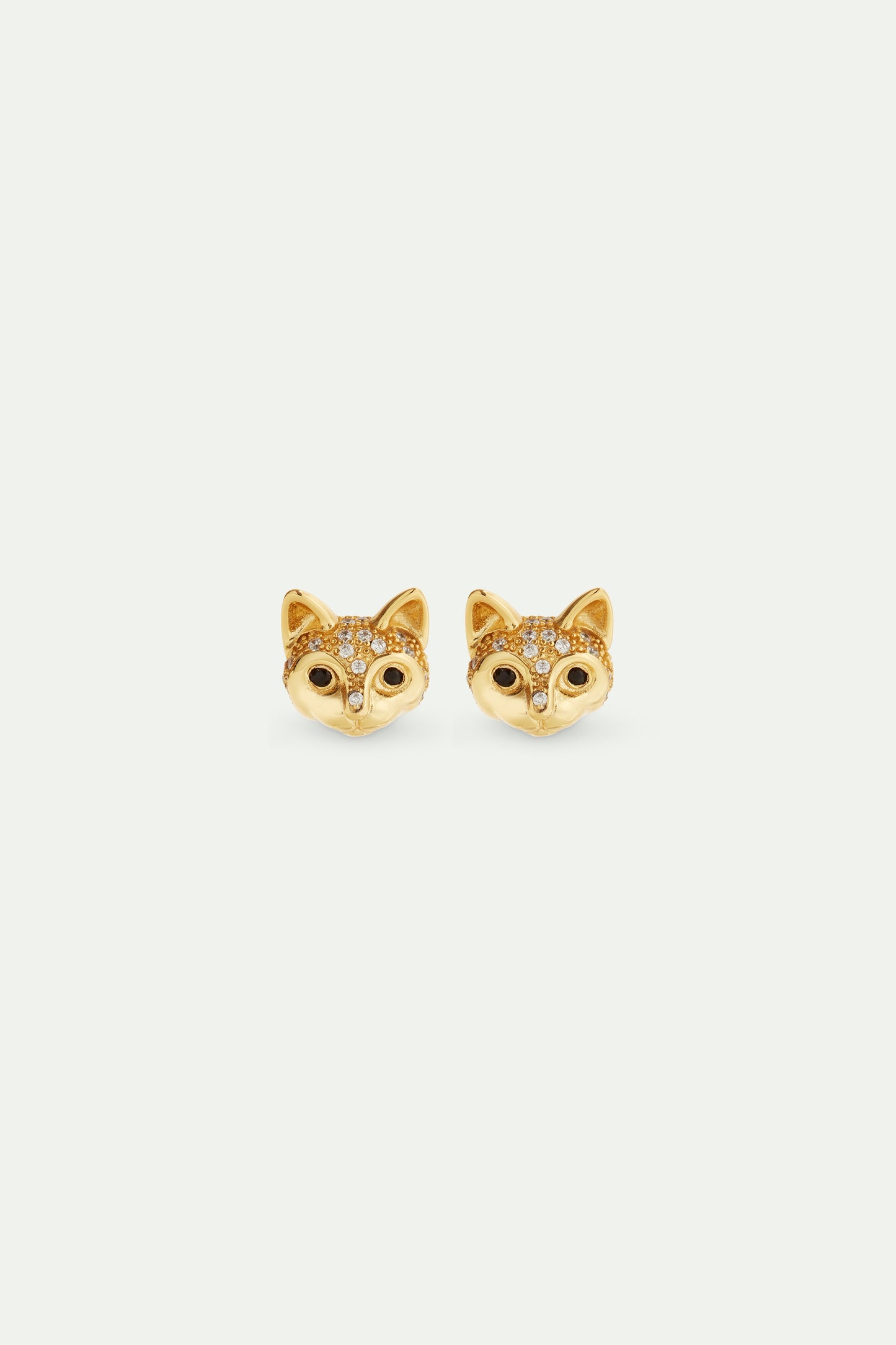 Golden Cat Head And Crystal Post Earrings
