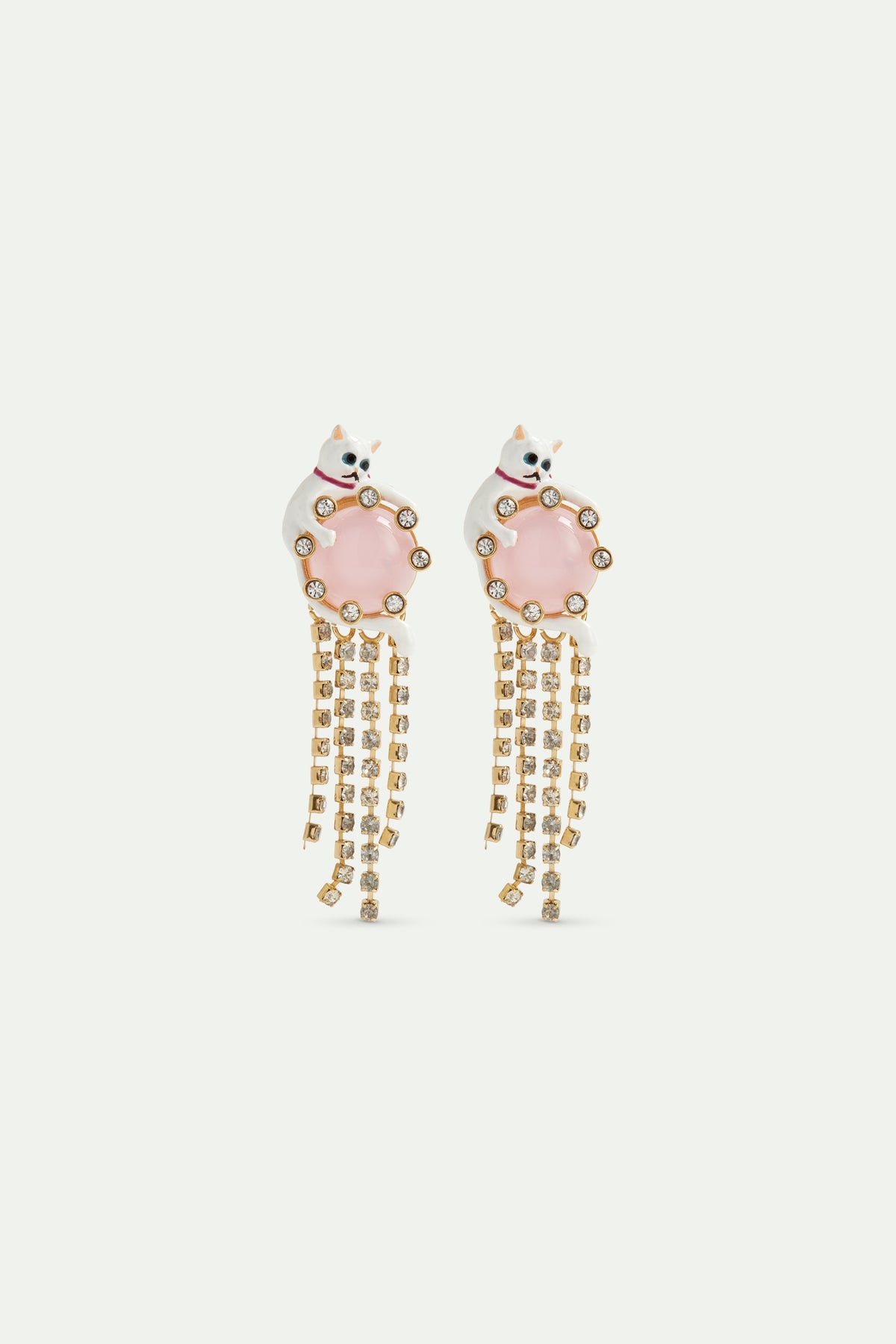 Dangle Post Earrings With White Cat, Pink Round Stone, And Rhinestone Chain. | AVLA1061