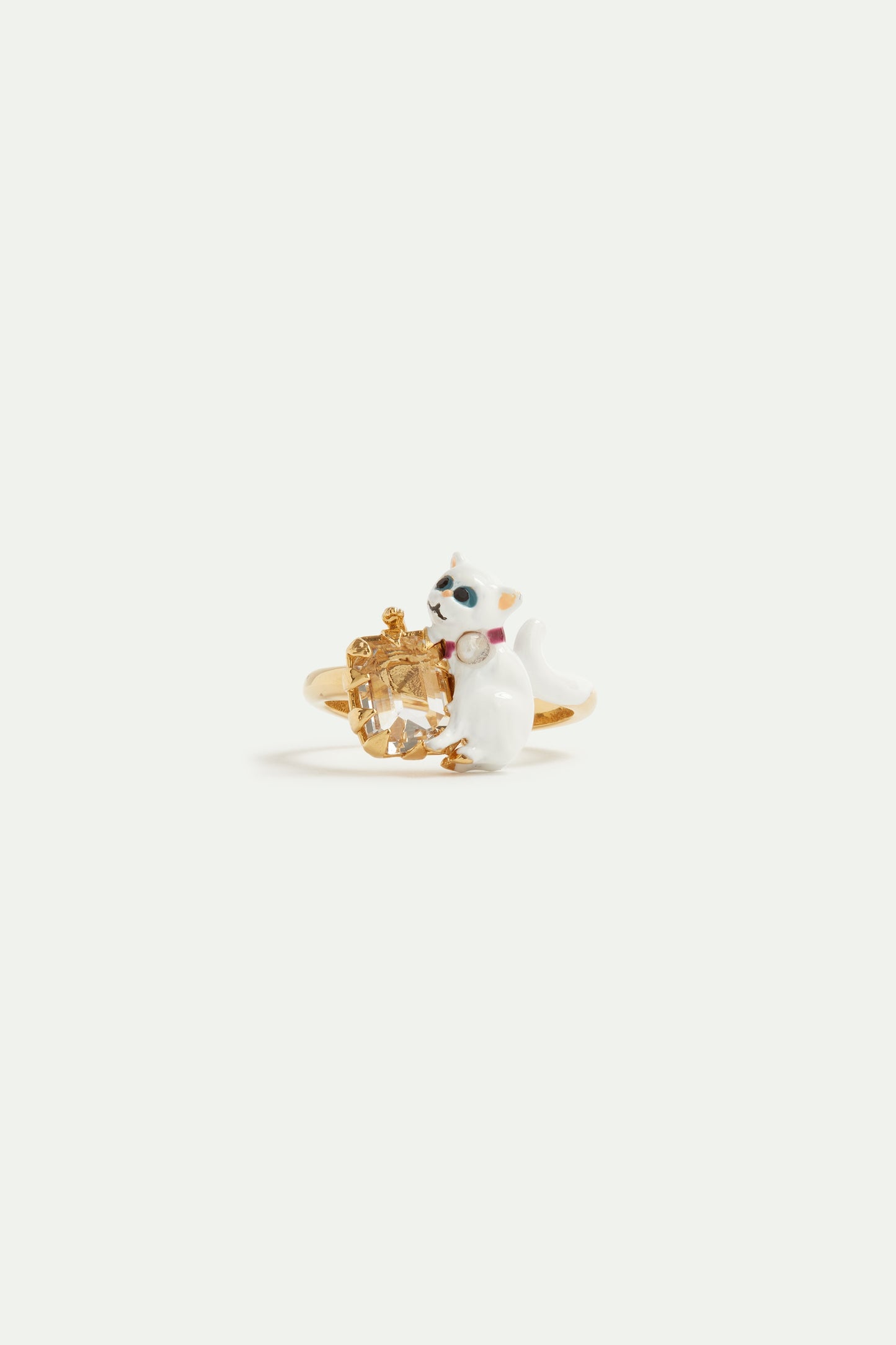 White Cat And White Faceted Stone Adjustable Ring | AVLA6031