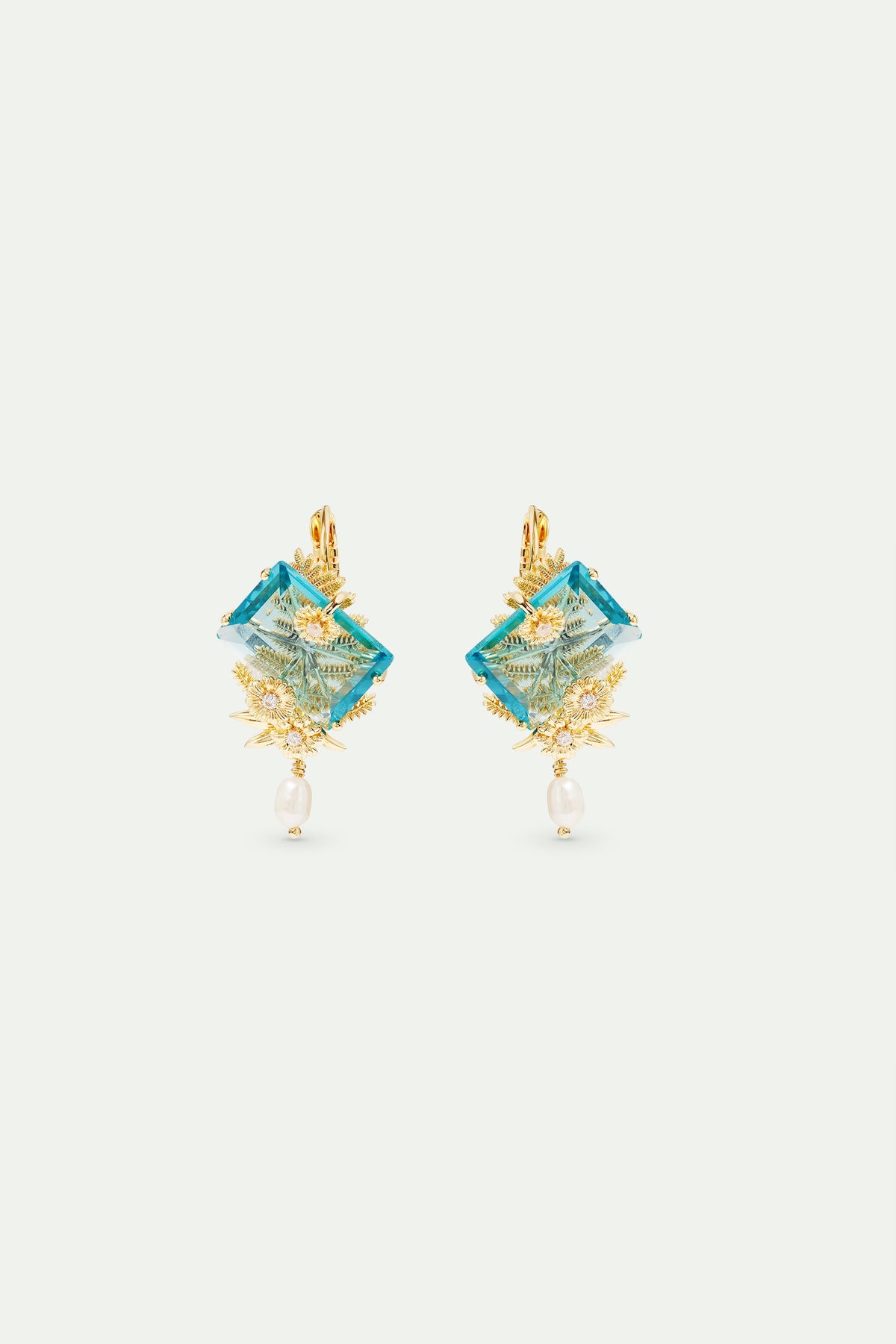 Sleeper Earrings With Blue Cut Stone, Golden Flowers And Cultured Pearl | AVNF1121