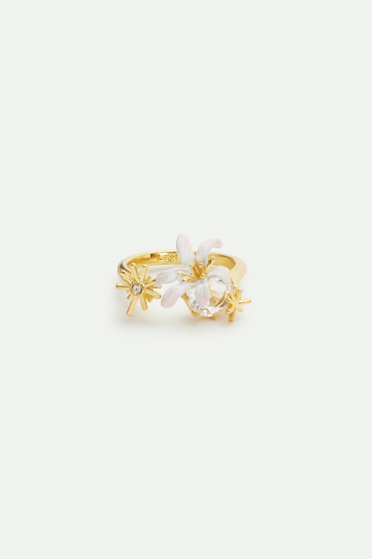 White Lily Flower And Faceted Stone Adjustable Gold-Plated Ring | AVOP6021