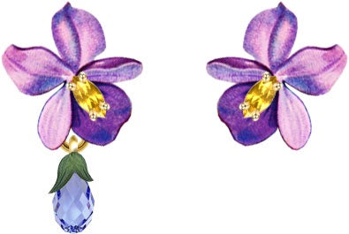 Asymmetrical Violet Flower And Blue Stone Earrings