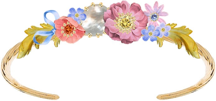 Bangle Bracelet Adorned With Pink And Blue Flower And Mother Of Pearl Round Stone