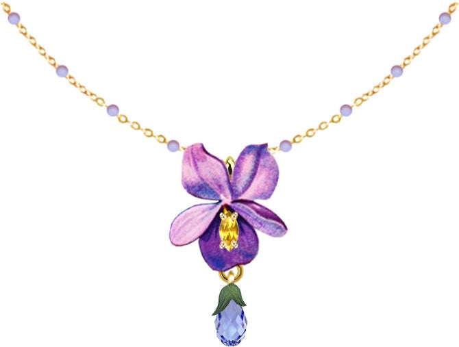 Violet Flower And Hanging Blue Stone Beaded Chain Pendant Necklace | AVVE3021