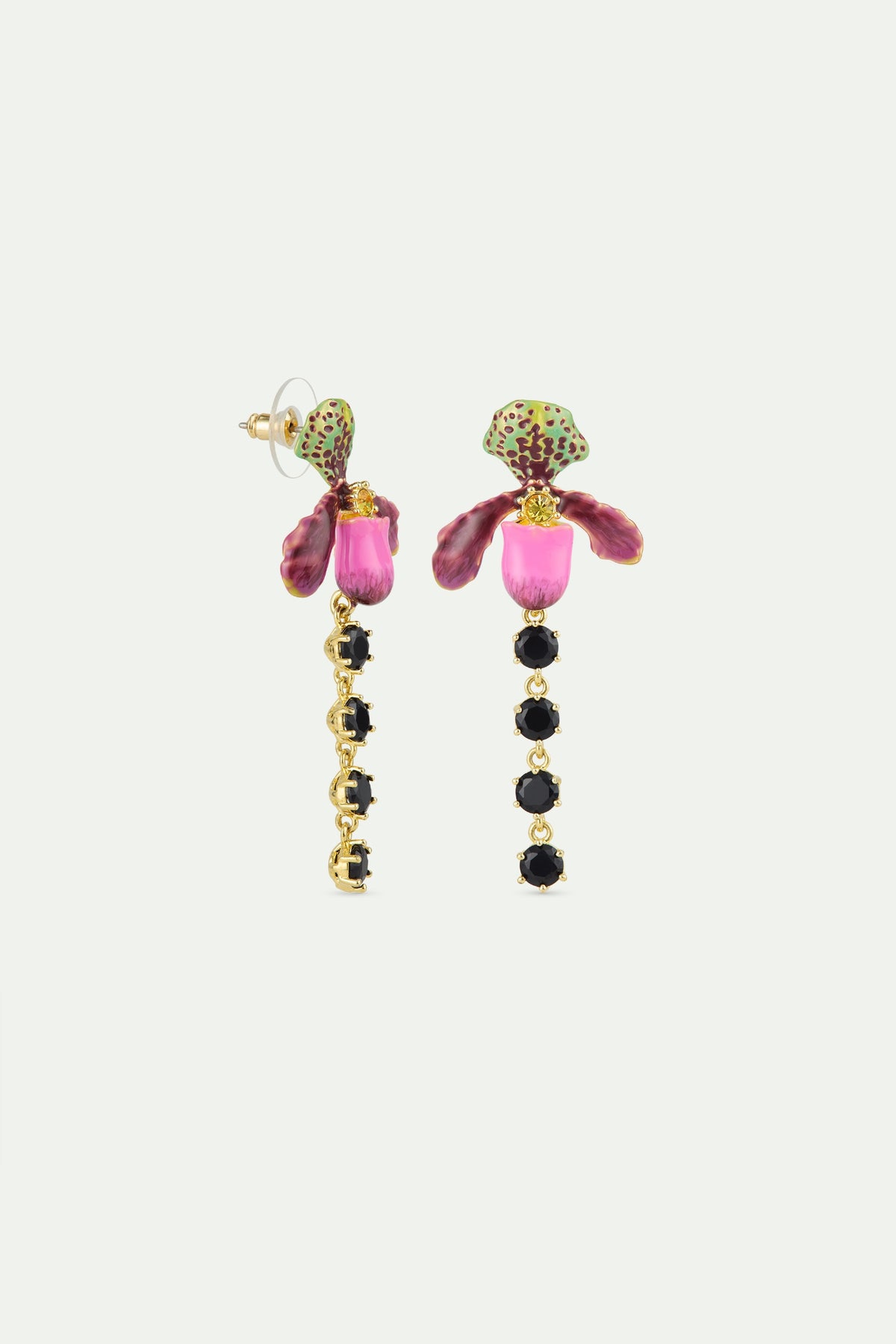 Dangle Purple Lady'S Slipper Orchid & Black Crystal Earrings | AWCC1051