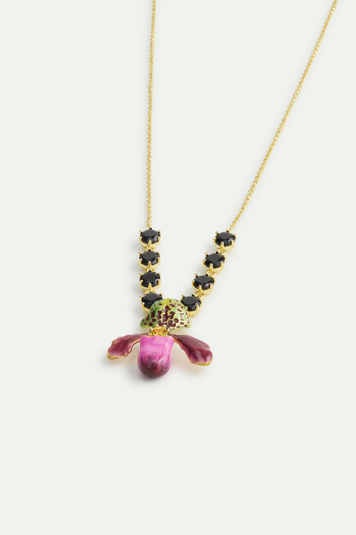 Purple Lady'S Slipper Orchid Black Crystal Stones Necklace | AWCC3011