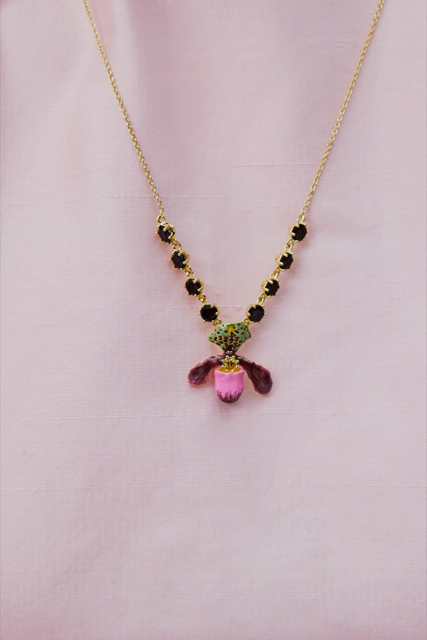 Purple Lady'S Slipper Orchid Black Crystal Stones Necklace | AWCC3011