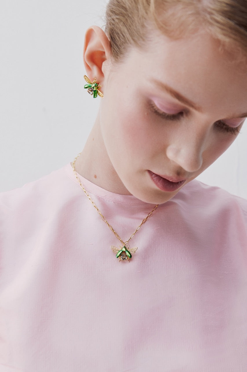 Flying Green Rose Chafer Black Stone Pendant | AWCC3041