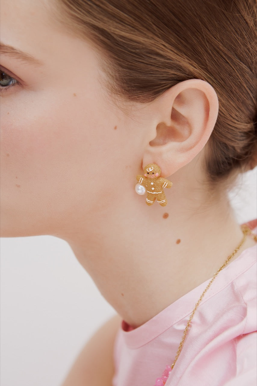 Gingerbread Man & Imitation Pearl Earrings