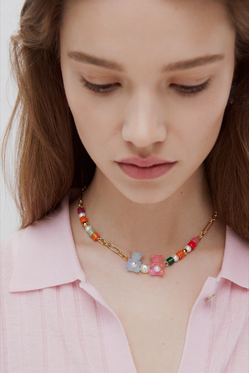 Blue & Pink Teddy Bear Sweet & Colourful Beads Necklace | AWMC3031