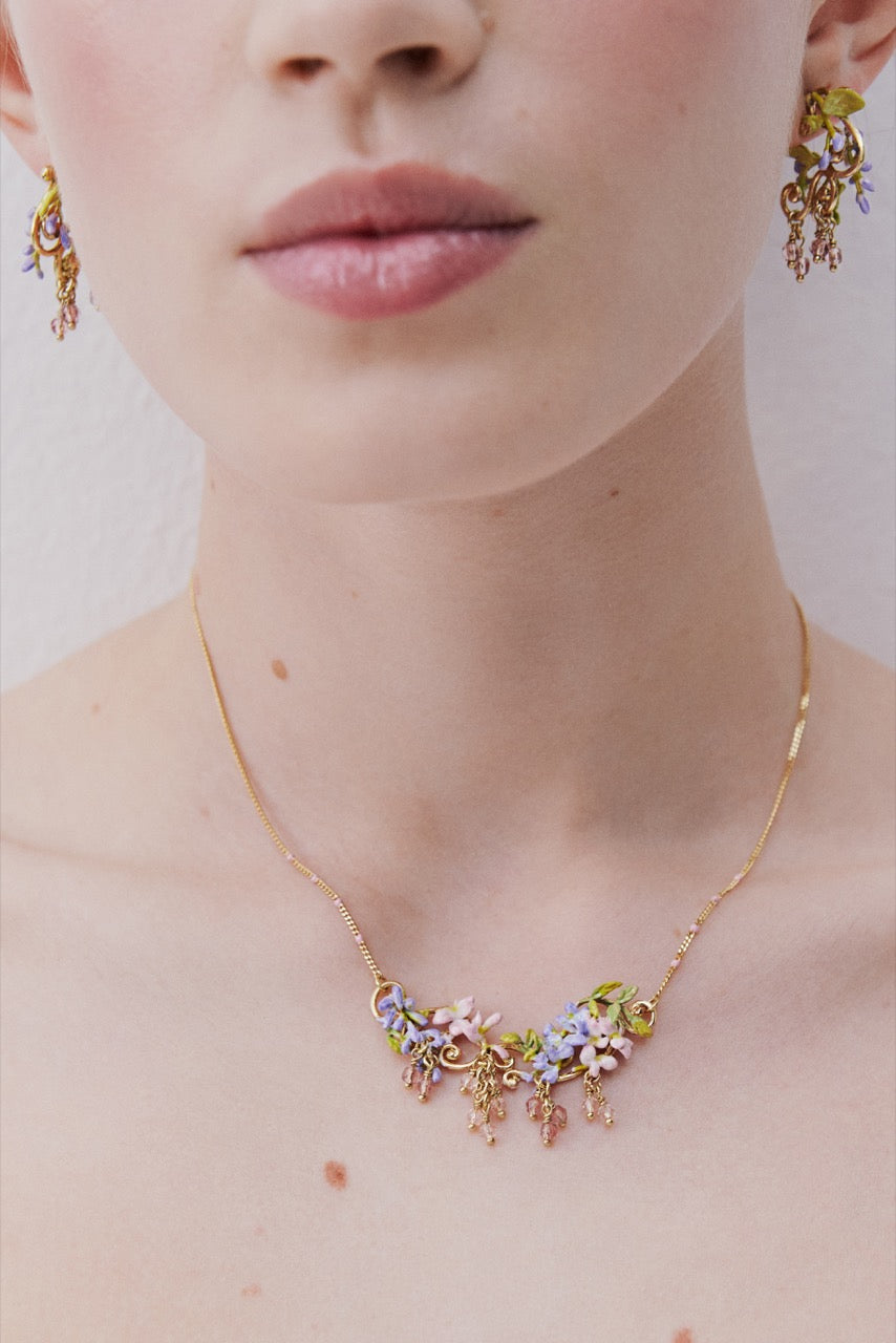 Statement Pink & Purple Wisteria On A Golden Arabesque Necklace | AWMM3021