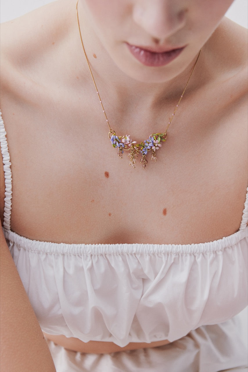 Statement Pink & Purple Wisteria On A Golden Arabesque Necklace | AWMM3021