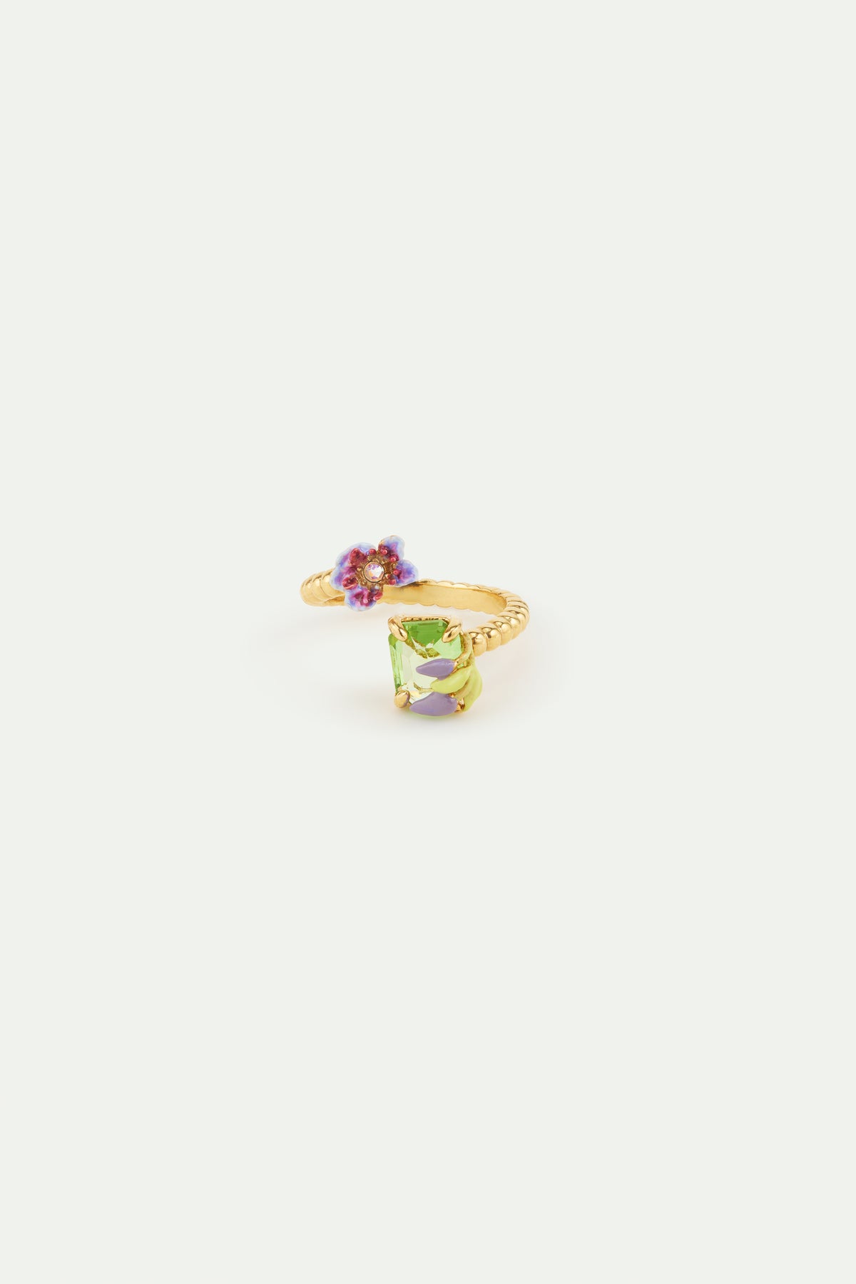 Purple Clematis & Green Emerald-Cut Crystal Ring | AWMM6031