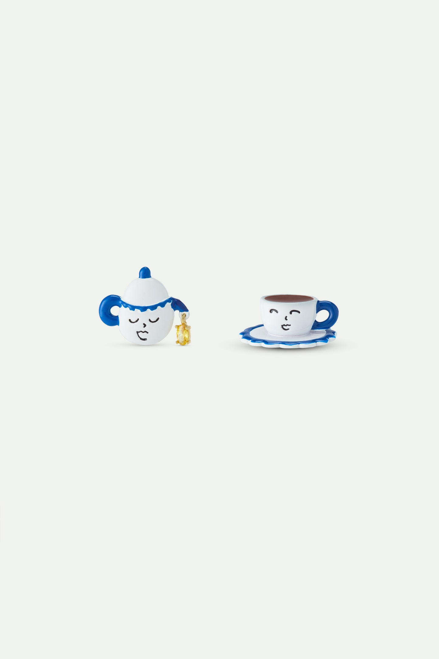 Asymmetric Post Earrings With Blue And White Teapot And Little Yellow Stone