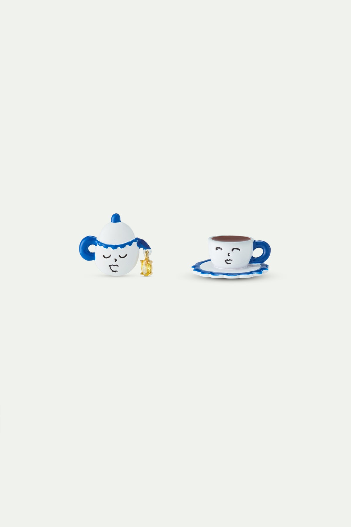 Asymmetric Post Earrings With Blue And White Teapot And Little Yellow Stone | AWWI1031