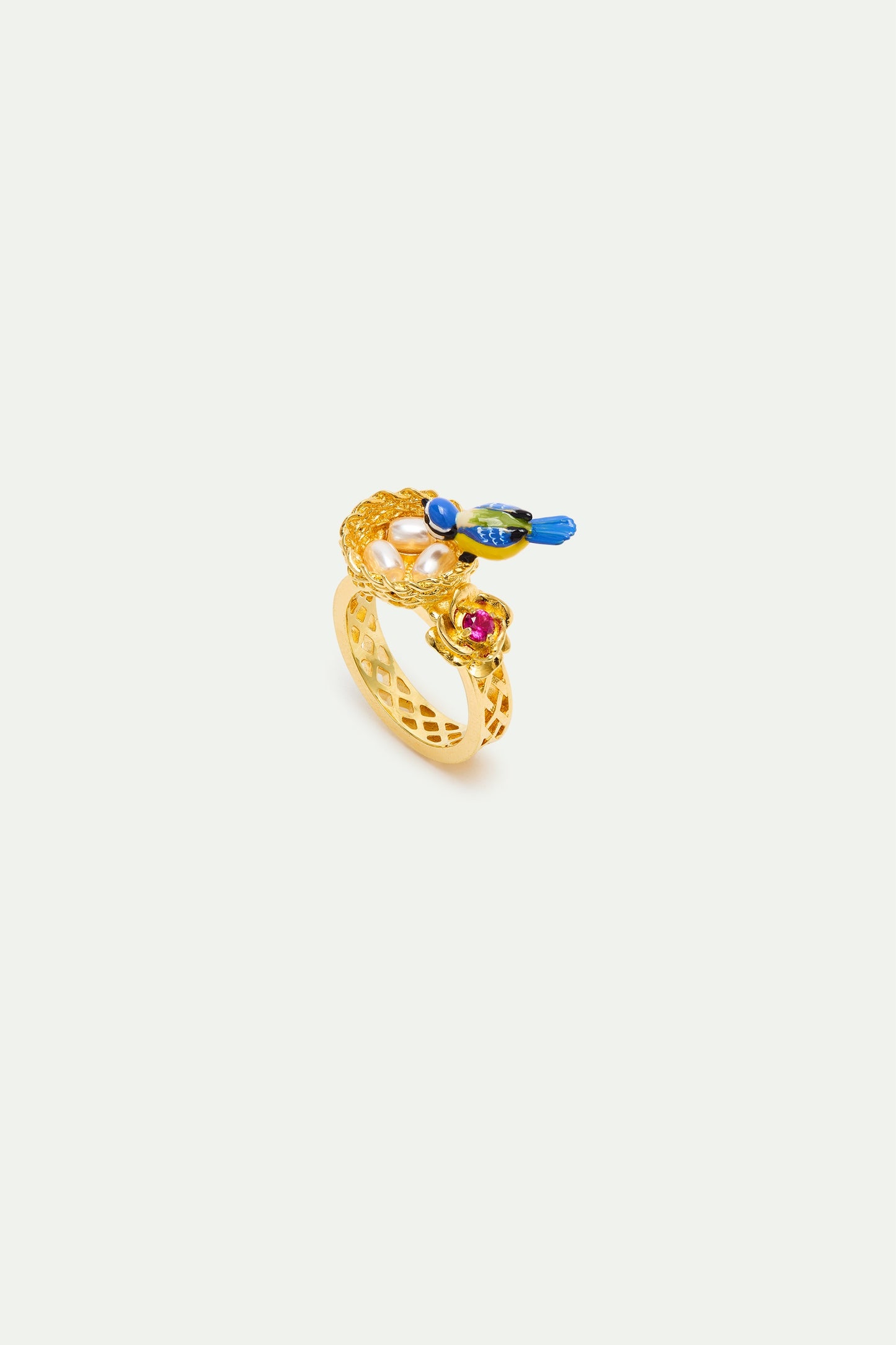 Gold Nest Ring With Blue Titmouse And Rose | AXAM6041