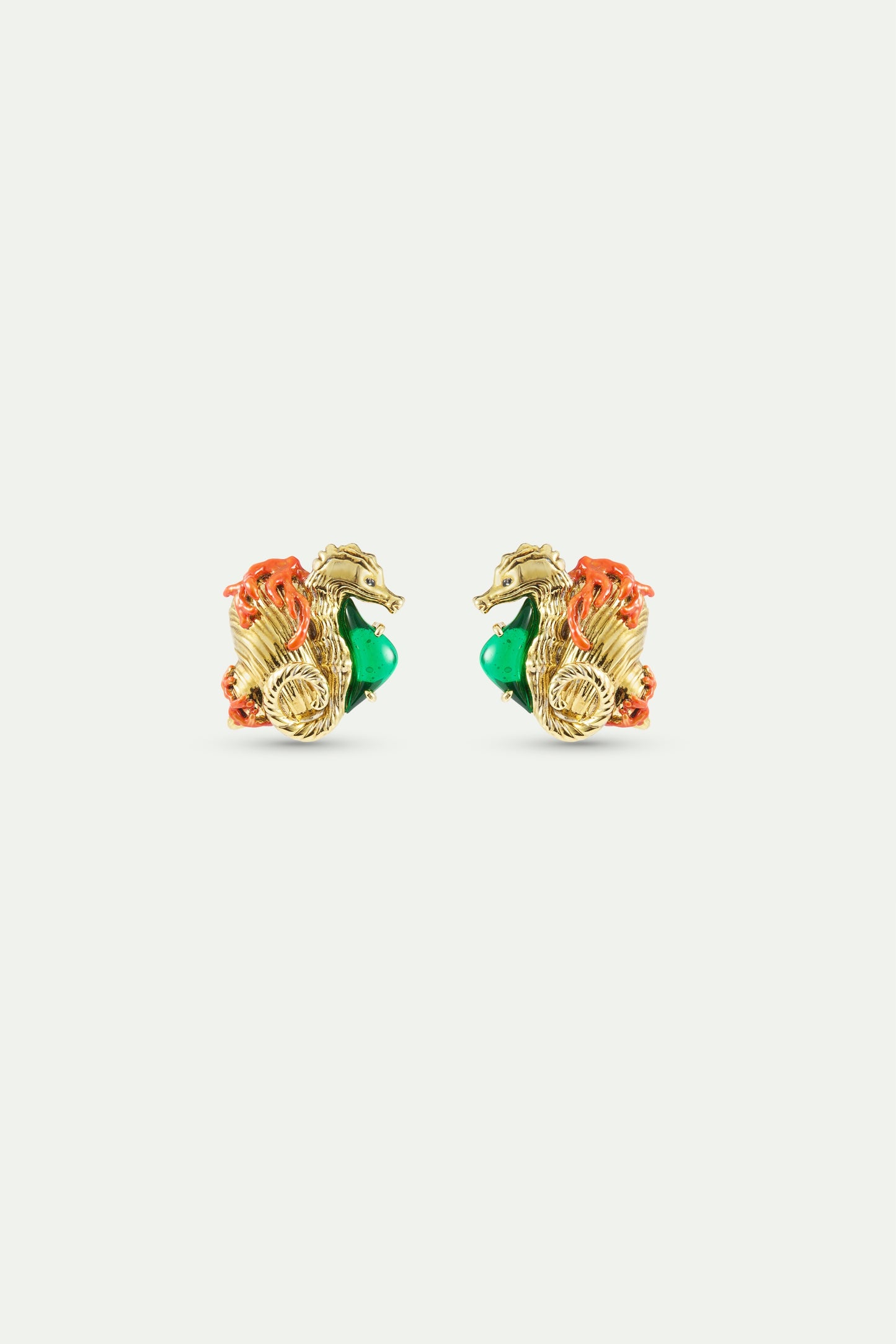 Golden Seahorse And Green Stone Earrings | AXMO1021