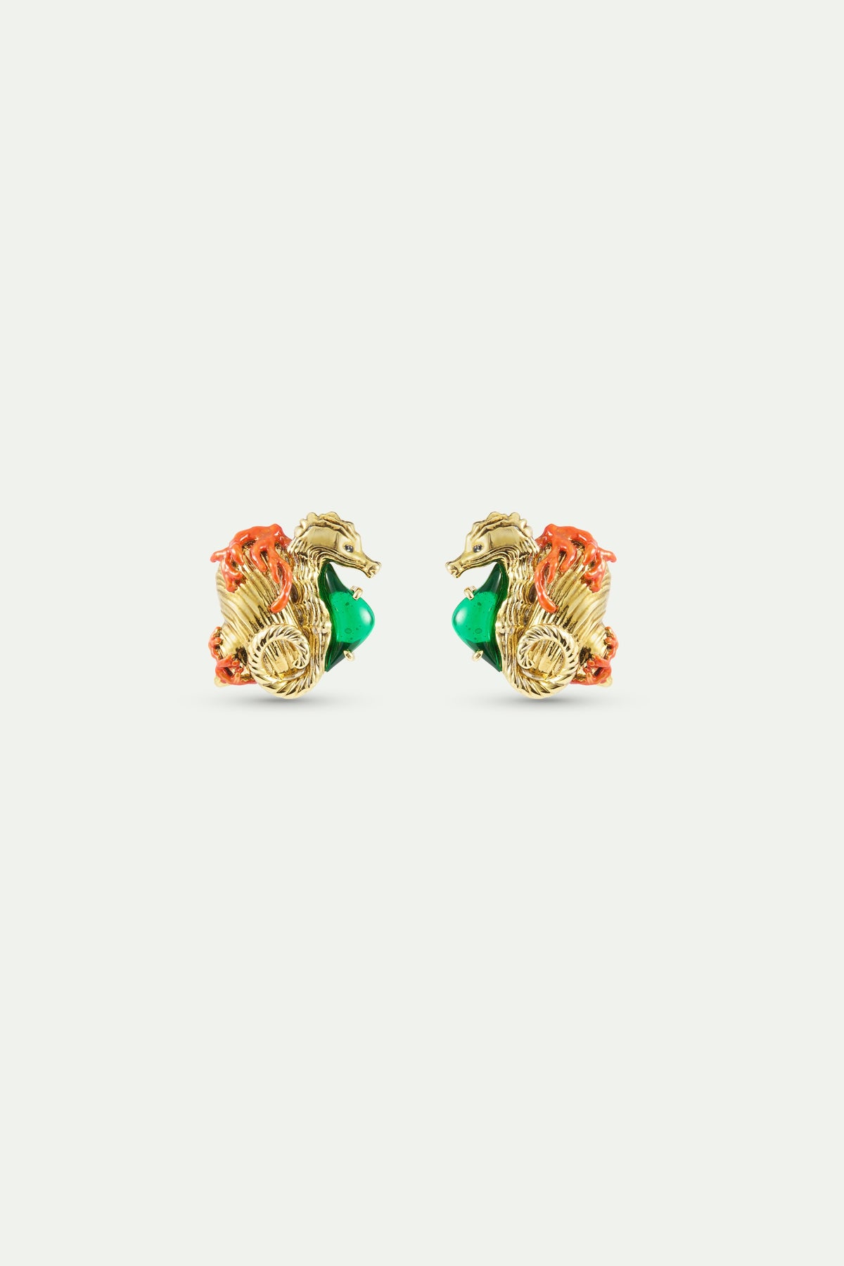 Golden Seahorse And Green Stone Earrings | AXMO1021
