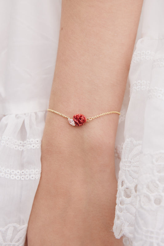 Red Rosebud And Cut Crystal Fine Bracelet | AXOP2011