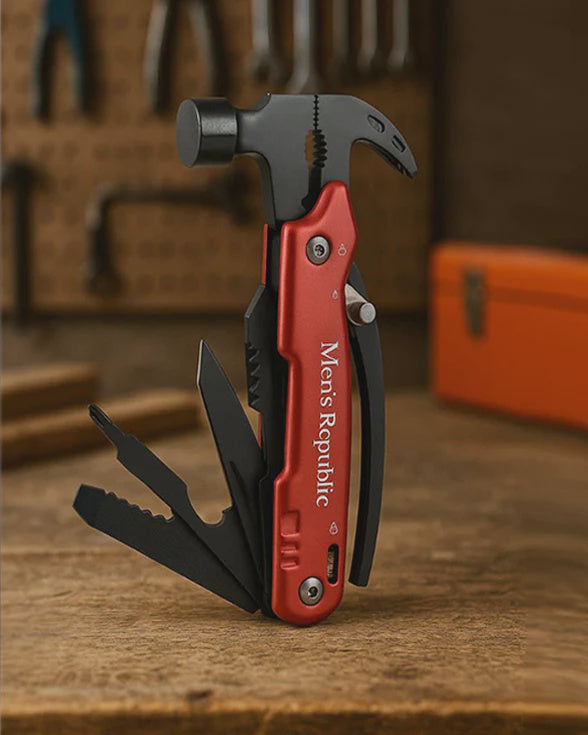 Multi-tool with hammer head on a wooden surface, branded 'Men's Republic'.