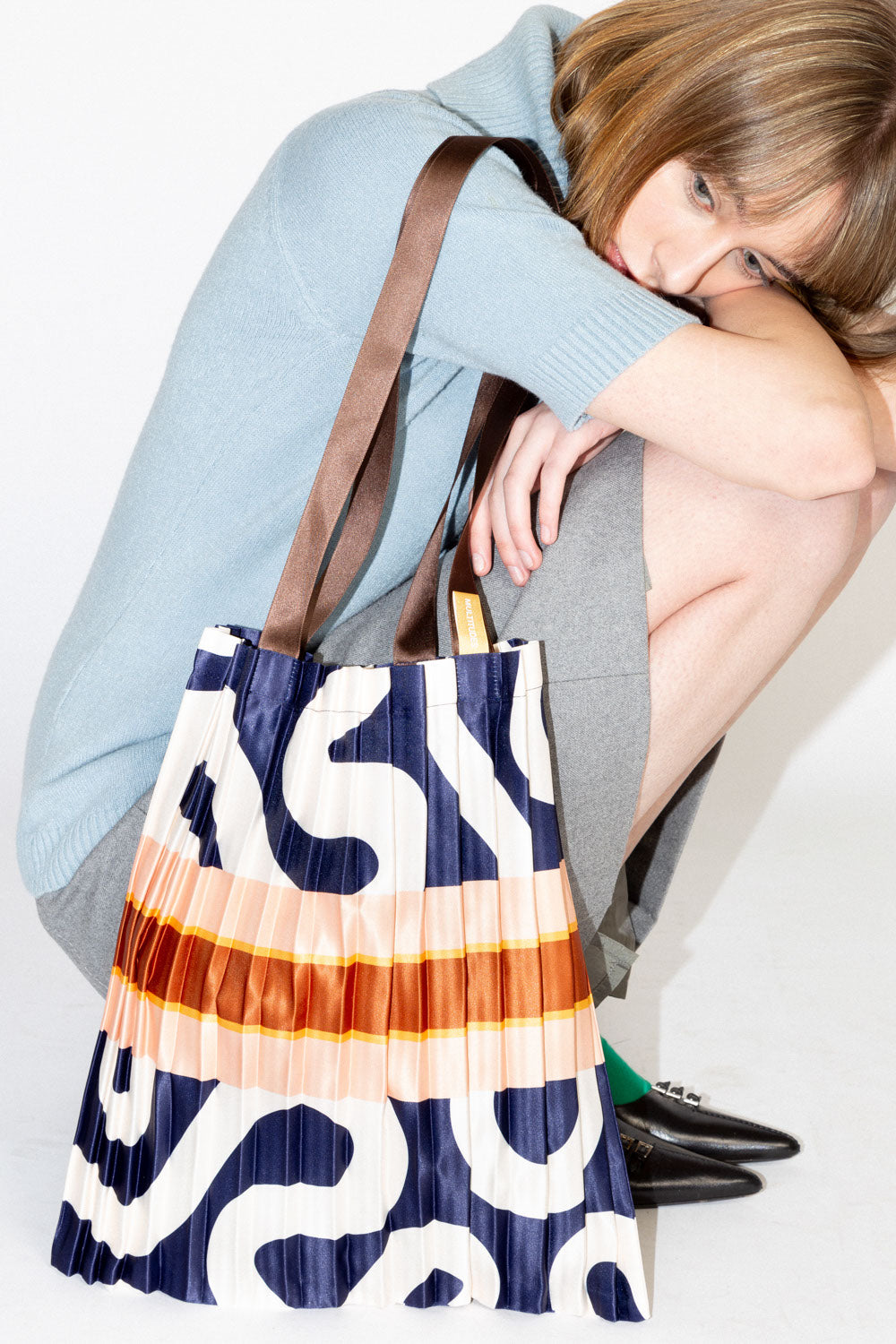 Multitudes Satin Pleated Conca Blue Tote Bag