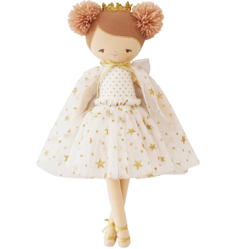 Little girl plush doll with gold crown and white dress with gold stars