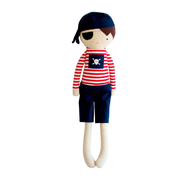 Pirate plush toy wearing a red striped shirt, shorts, eye patch and bandana