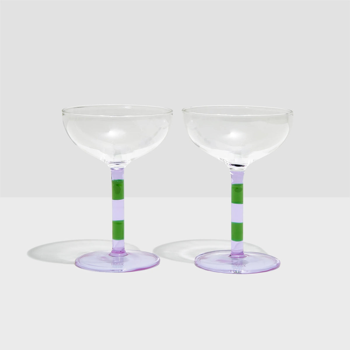 TWO x STRIPED COUPE GLASSES - LILAC + GREEN