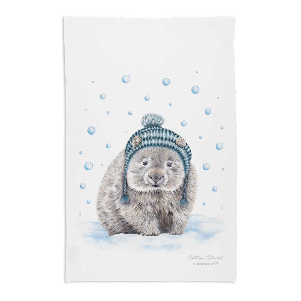Winter wombat tea towel
