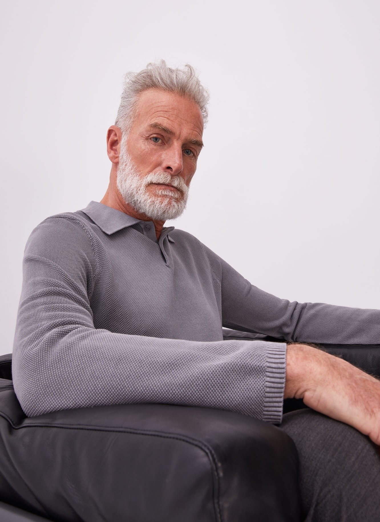 Grey Cotton Pique Polo Shirt With Long Sleeve