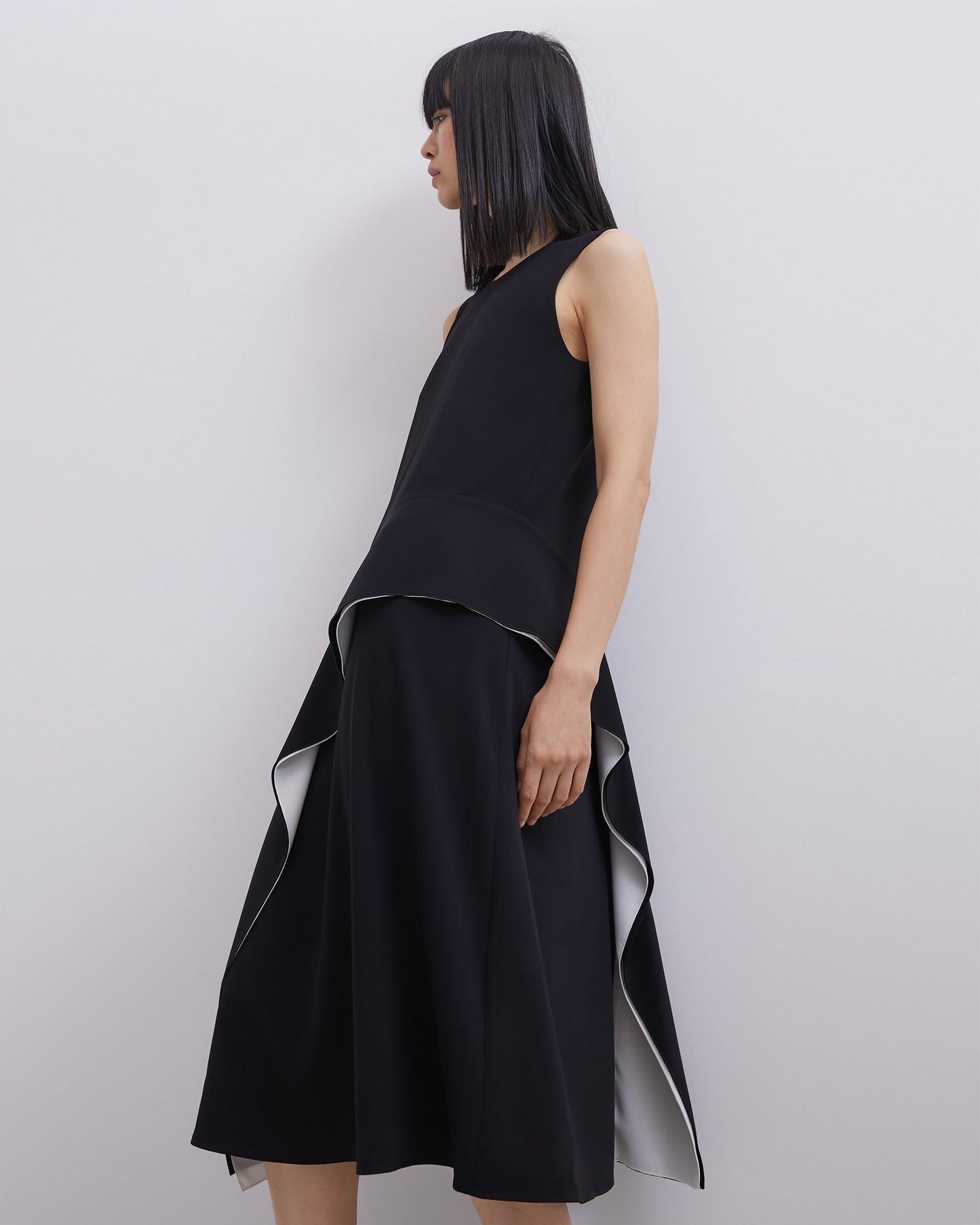 Black/White Midi Dress With Front Flounce