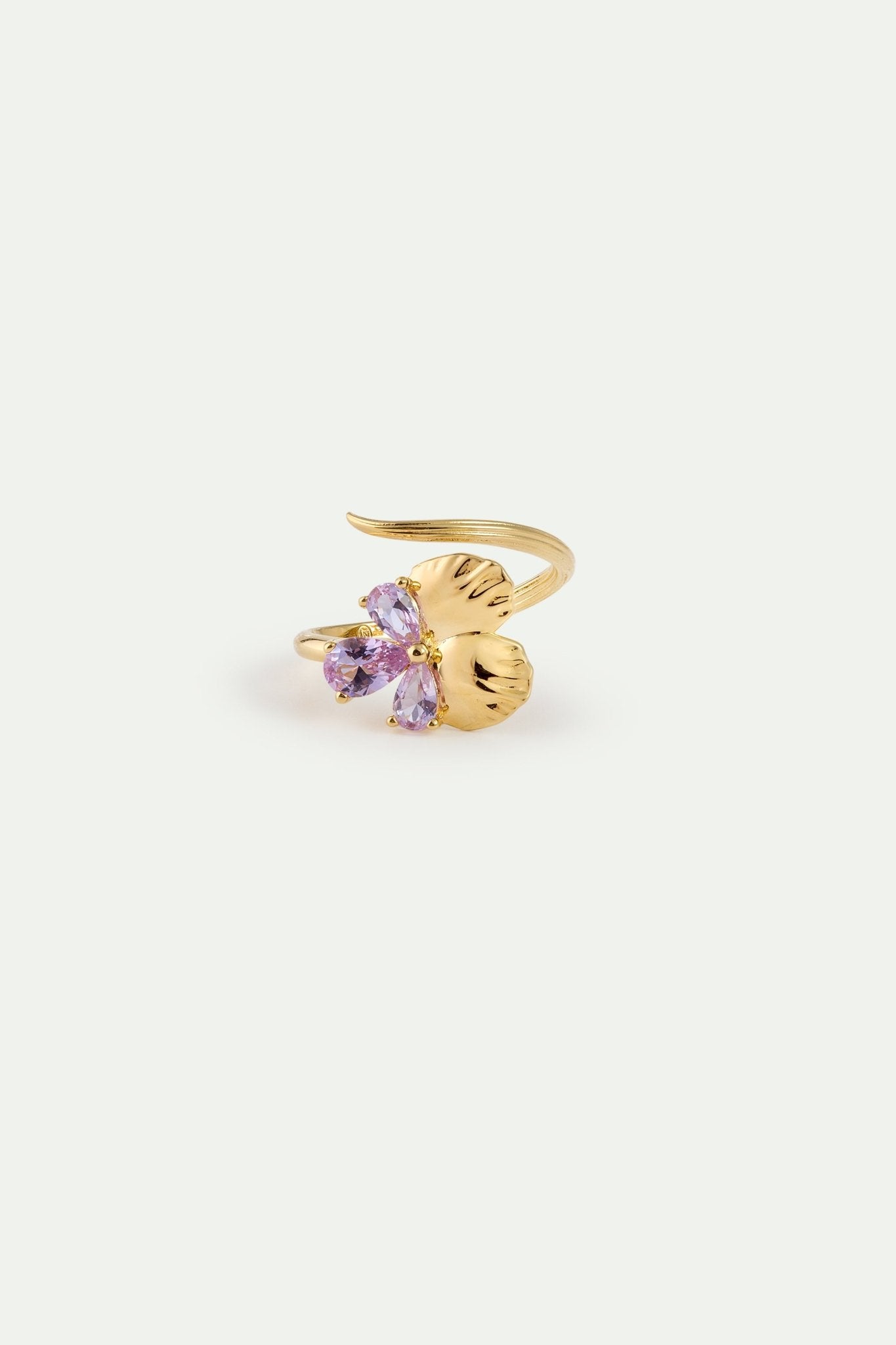 Gold Adjustable Ring With Pansies and Pink Stones | AYNF6011 - Les Nereides