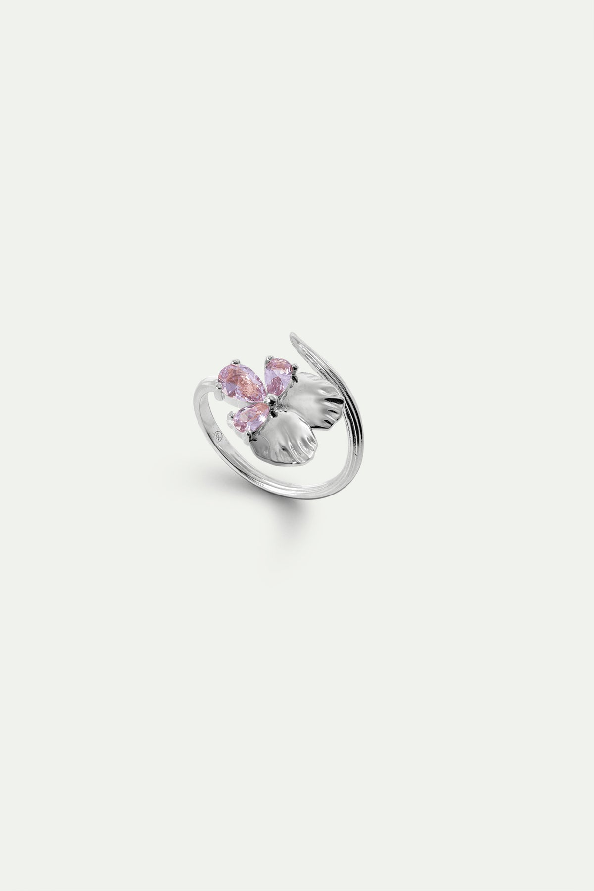 Silver Adjustable Ring With Pansy and Pink Stones | AYNF6021 - Les Nereides