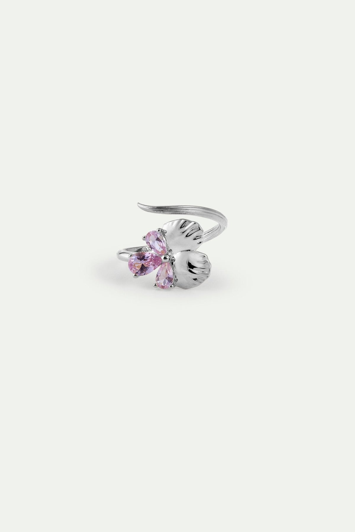 Silver Adjustable Ring With Pansy and Pink Stones | AYNF6021 - Les Nereides