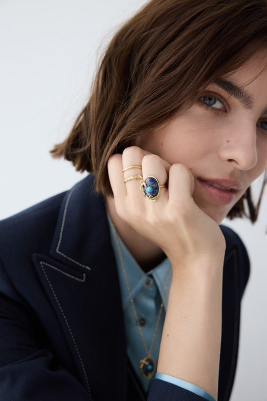 Lapis Lazuli, Turquoise and Gold Snake Ring | AYVA6011 - Les Nereides