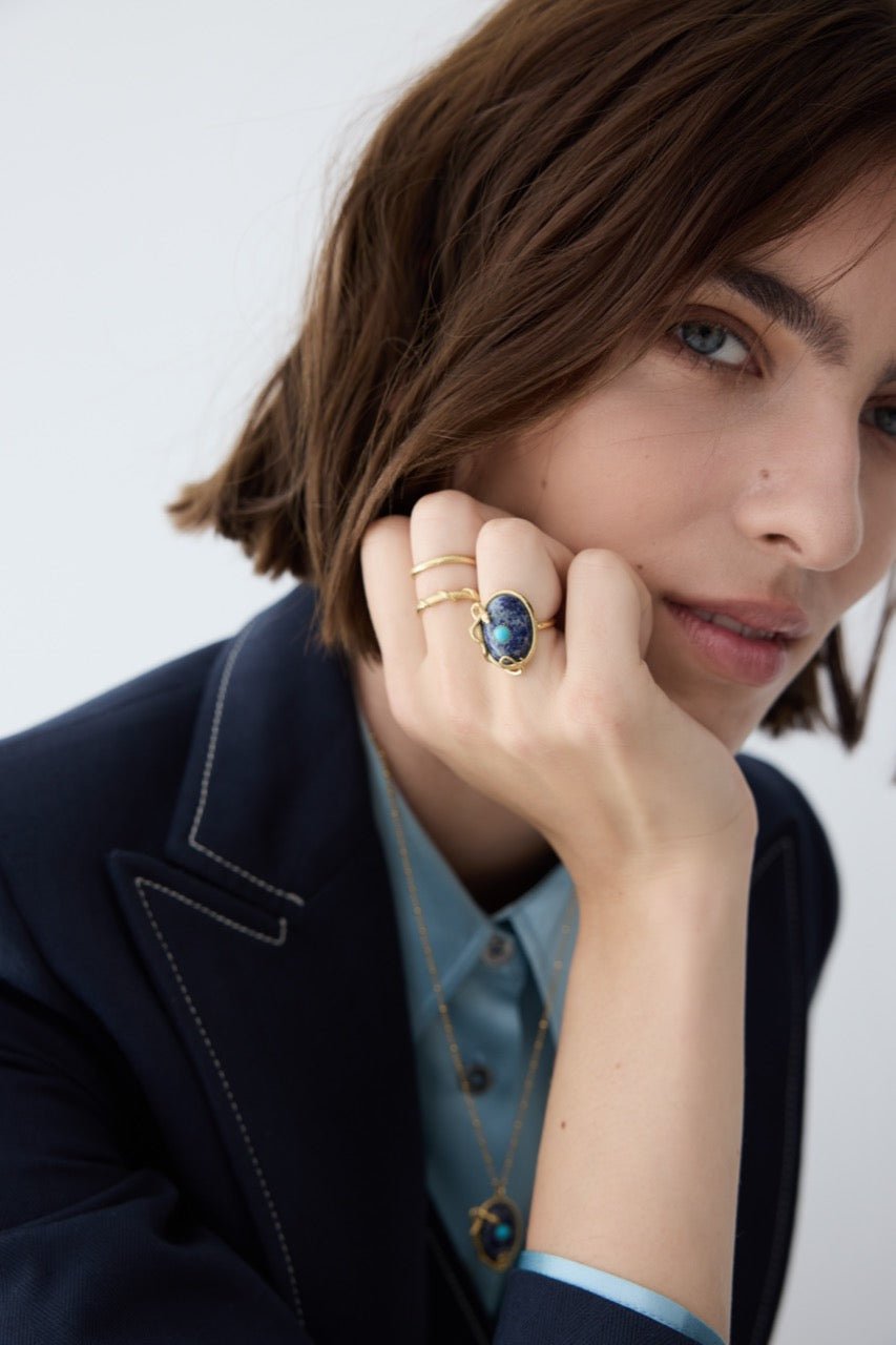 Lapis Lazuli, Turquoise and Gold Snake Ring | AYVA6011 - Les Nereides