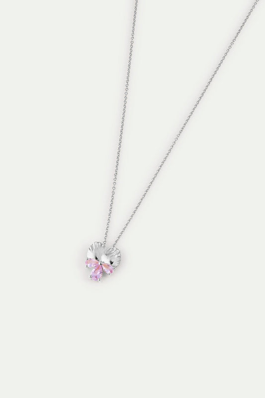 Silver Pendant Necklace With Pansy and Pink Stones | AYNF3021