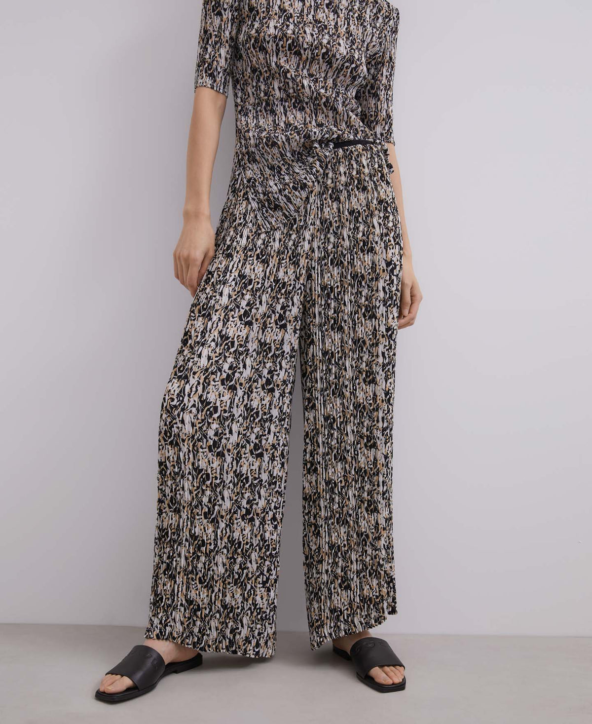 Women Trousers | Beige/Black Print Printed Crinkle Trousers by Spanish designer Adolfo Dominguez