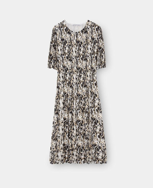 Women Dress | Beige/Black Print Printed Midi Dress In Crinkle by Spanish designer Adolfo Dominguez