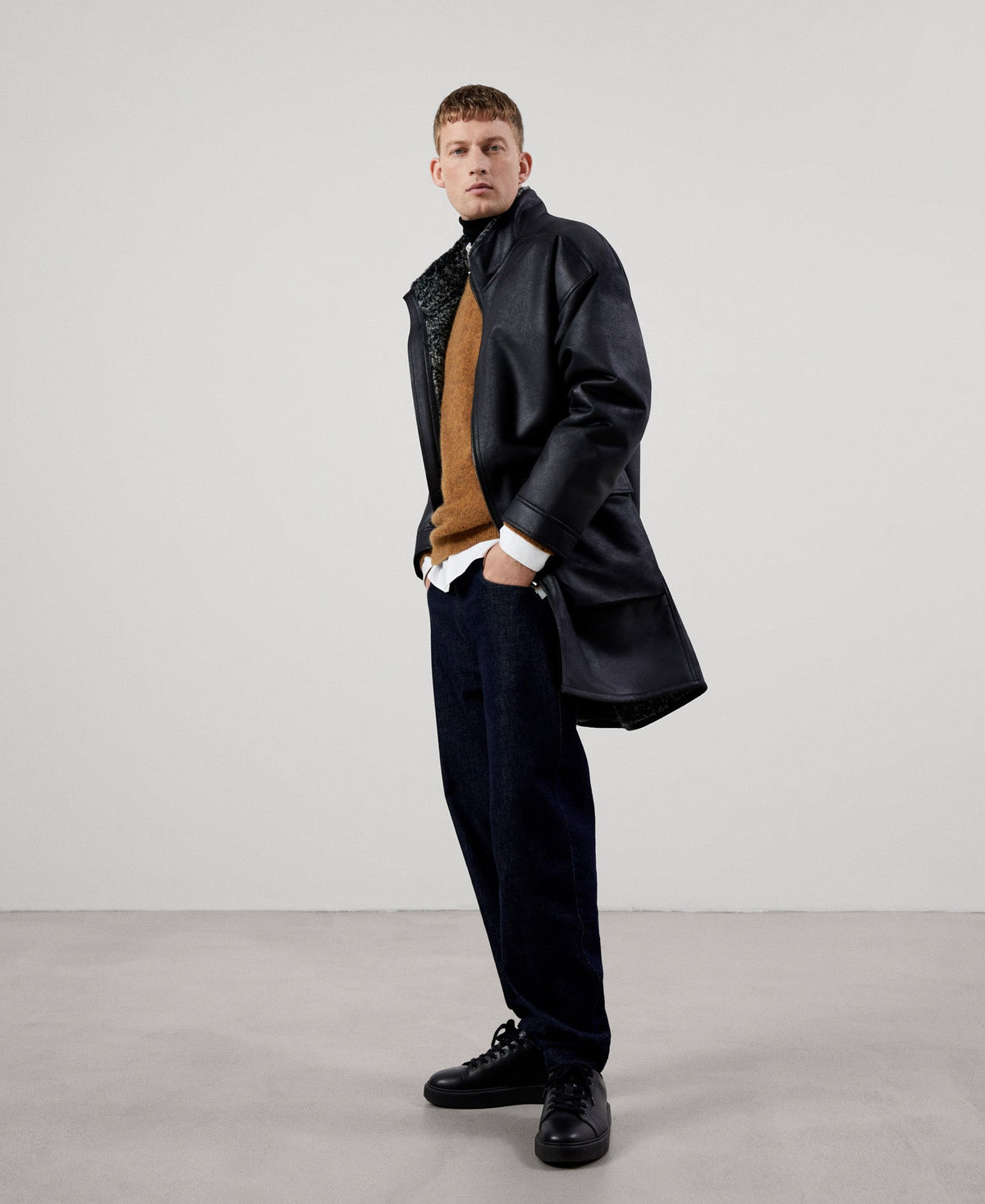 Men Ecoleather | Black Coat by Spanish designer Adolfo Dominguez