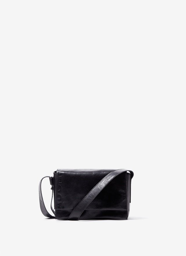 Women Leather Bag | Black Crackled Glossy Leather Big Flap Bag by Spanish designer Adolfo Dominguez